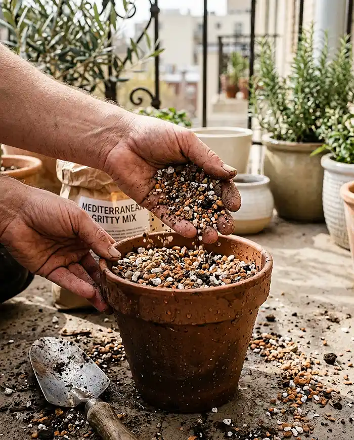 Filling a pre-soaked terracotta pot with gritty, well-draining potting mix
