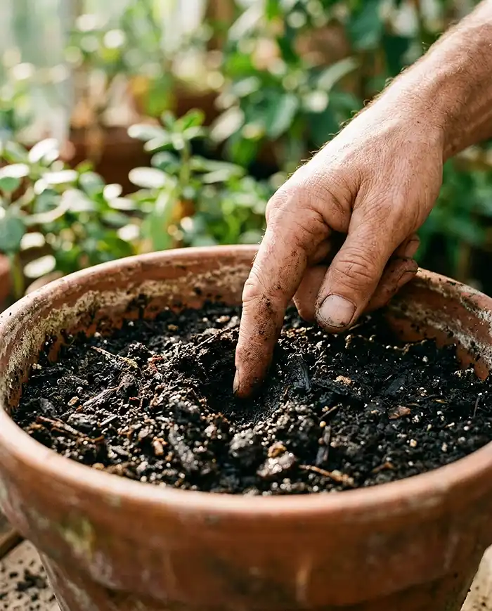 Best Soil Mix for Container Vegetables 5 Finger test for checking soil moisture depth in a container vegetable pot