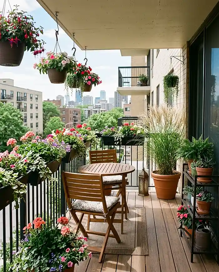 Small Balcony Garden Ideas With a Bistro Table 5 Finished balcony garden layout with a bistro table, layered plants, and clear walking space