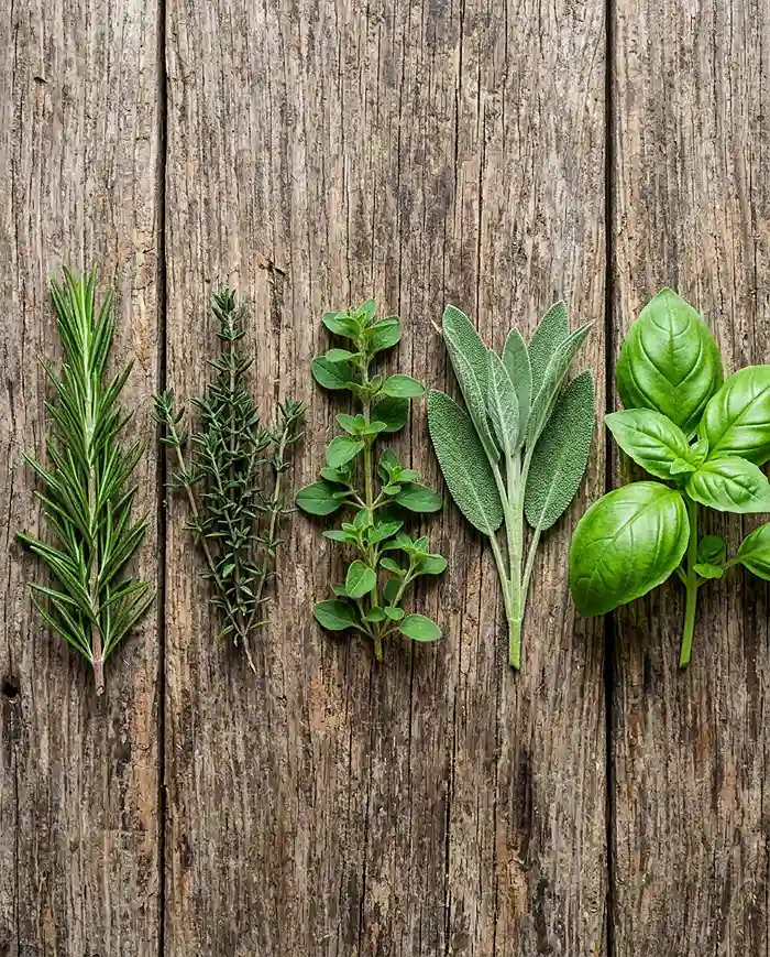 5 Herbs That Handle Balcony Heat Better Than You Think growing laid flat — rosemary, thyme, oregano, sage, and basil sprigs on a wooden surface