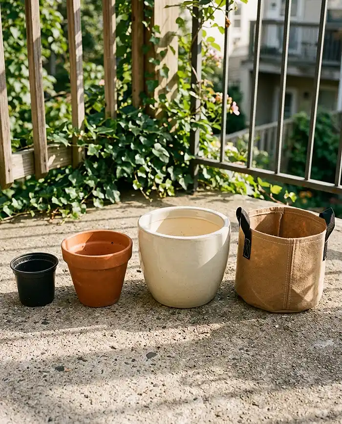 Four different container types for balcony herb gardening — dark plastic, terracotta, glazed ceramic, and fabric grow bag side by side