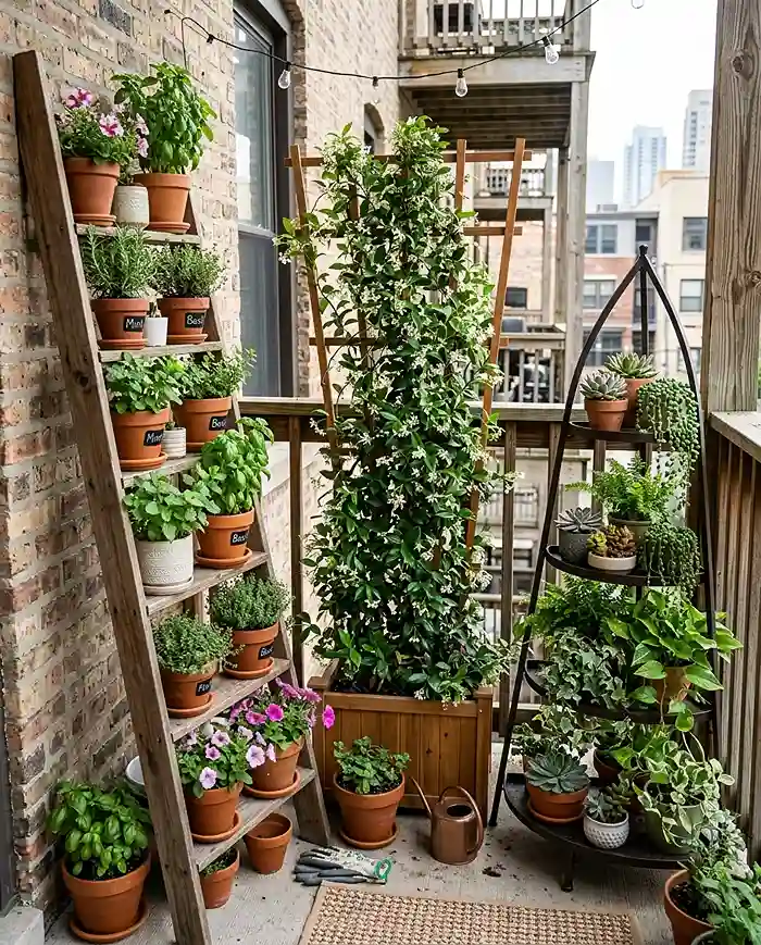 Freestanding vertical gardening solutions on a small rental patio