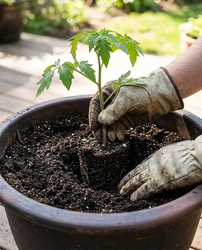 Gardener planting a dwarf tomato seedling deeply into a container up to the lowest set of leaves