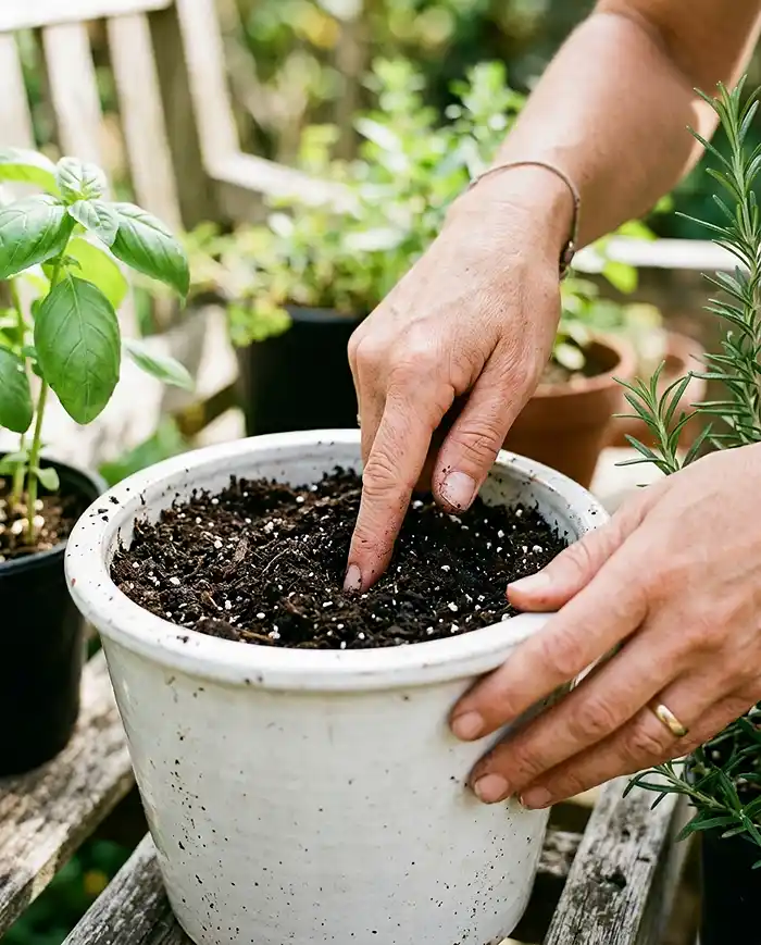 Gardener pressing a finger into container soil to test moisture level before watering herbs on a balcony