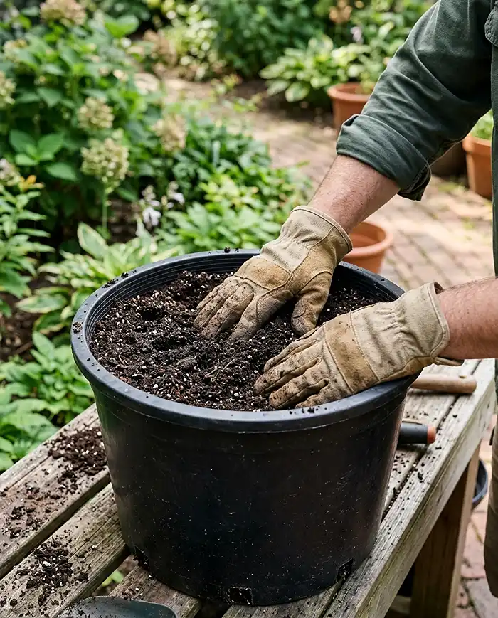Best Soil Mix for Container Vegetables 4 Gardener pressing moistened soil mix into a large container before planting summer vegetables