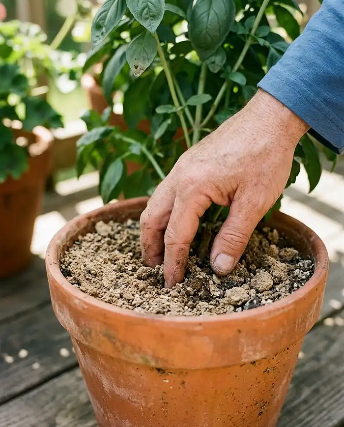 How to Keep Pots Moist in Summer Heat 2 Gardener testing how to keep pots moist in summer by checking soil depth with fingers