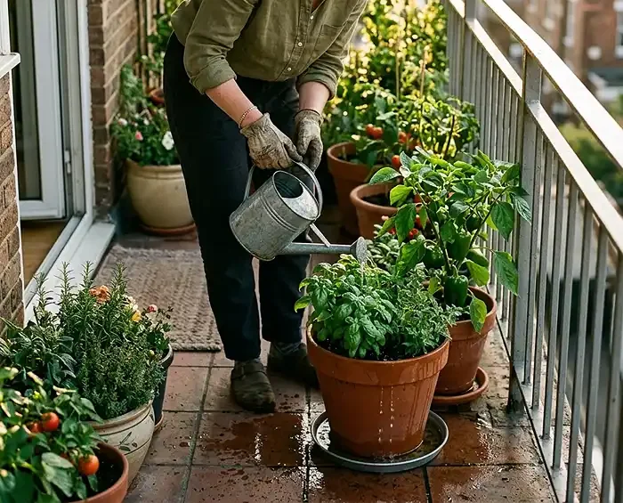 Small Space Gardening Mistakes That Hurt Summer Growth 3 Gardener watering container plants correctly in early morning with water draining from pot base