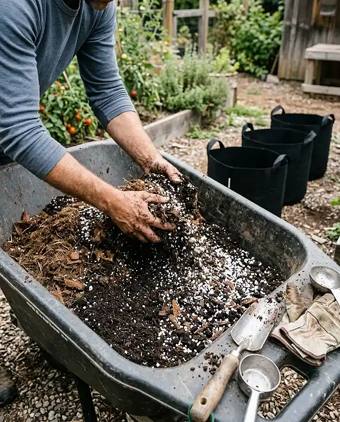 Grow Bags for Tomatoes and Peppers 3 Grow Bag Ideas for Tomatoes and Peppers showing soil mix preparation for healthy container gardening.