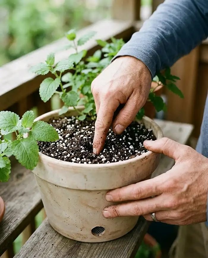 Hand checking soil moisture two inches deep in a shade herb container with perlite-amended mix