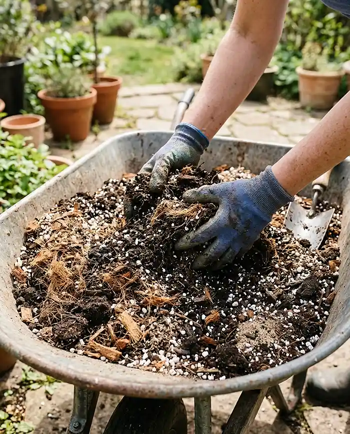 How to Keep Pots Moist in Summer Heat 3 Hands blending coco coir and compost into potting soil for better moisture retention