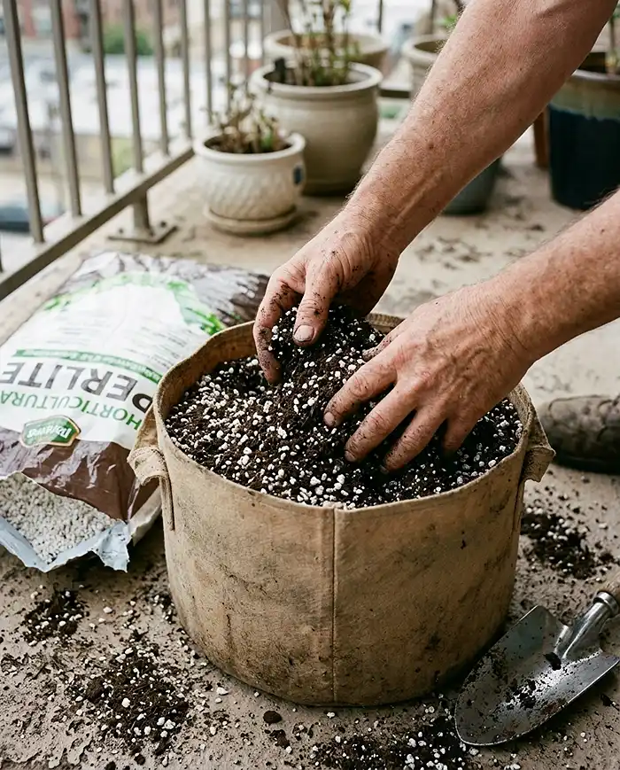 Native Flower Balcony Garden Ideas 4 Hands blending white perlite into dark potting mix in a fabric grow bag to make a lean, gritty native soil