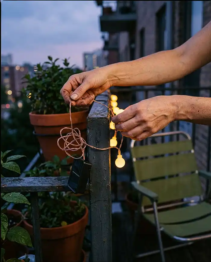Hands draping a strand of glowing warm-white solar string lights along a balcony railing at dusk