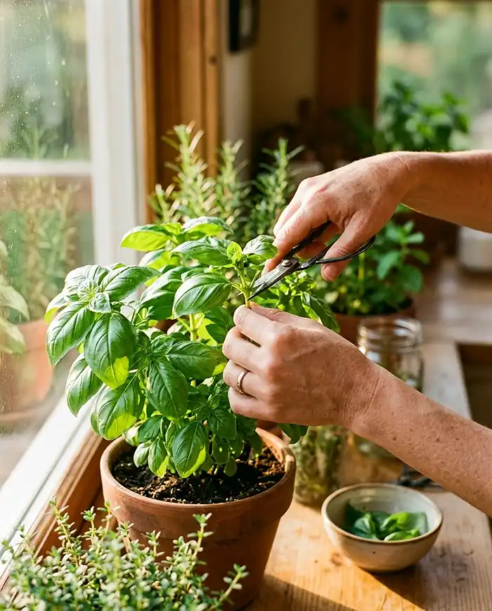 Apartment Herb Garden Aesthetic for Summer 6 Hands harvesting fresh basil from a lush kitchen herb garden for summer cooking.