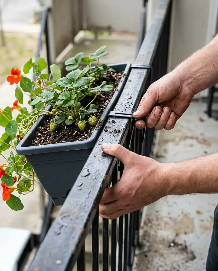 Hands hooking a no-drill railing planter of strawberries and nasturtiums over a balcony rail
