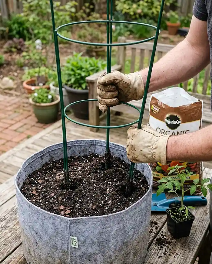 Tomato Support for Containers: Smart Patio Ideas 4 Hands installing a tomato support cage into a container at planting time before adding the transplant