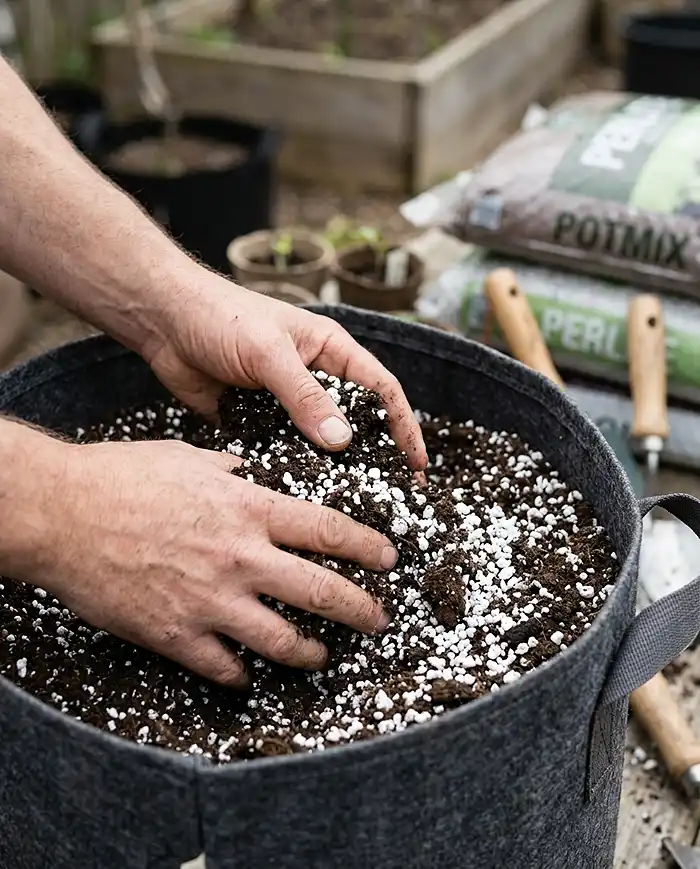 Small Space Gardening Mistakes That Hurt Summer Growth 2 Hands mixing perlite into potting mix for summer container gardening