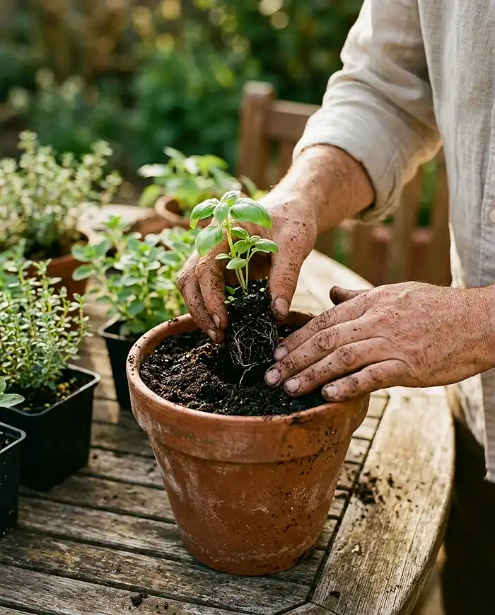 Hands planting a basil seedling into a terracotta pot filled with dark potting mix on a sunny patio