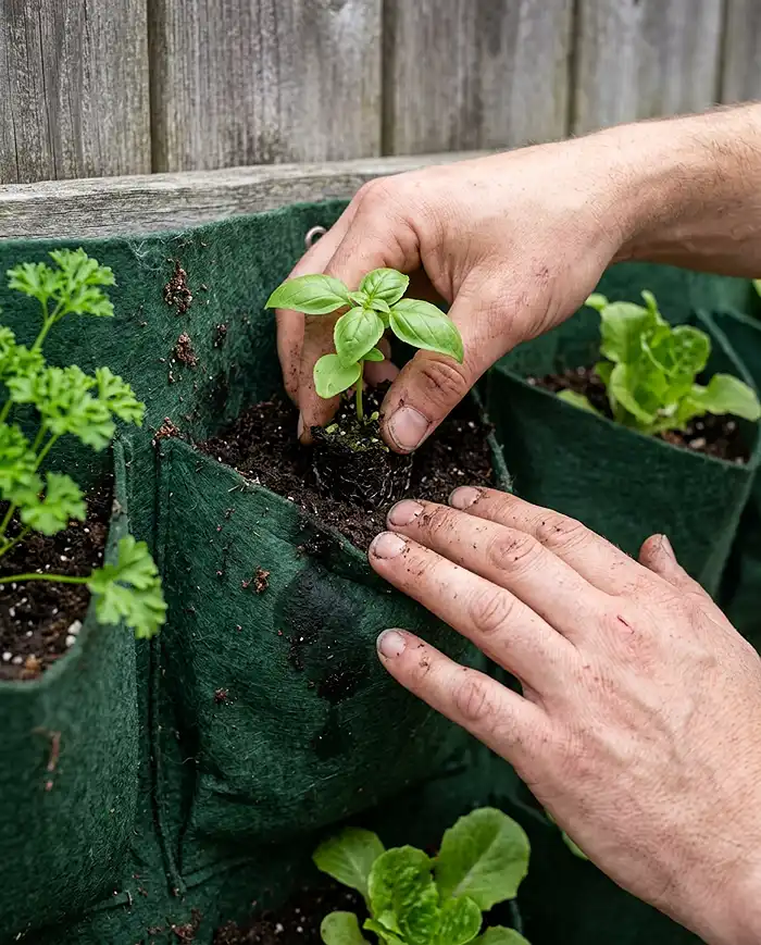 Hands planting a basil seedling into a wall-mounted felt pocket planter filled with herbs and lettuce