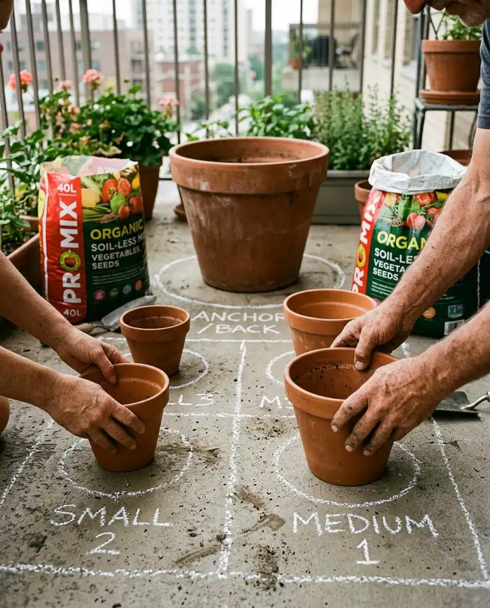 Hands positioning empty pots on chalk-marked spots around a large anchor pot before filling and planting