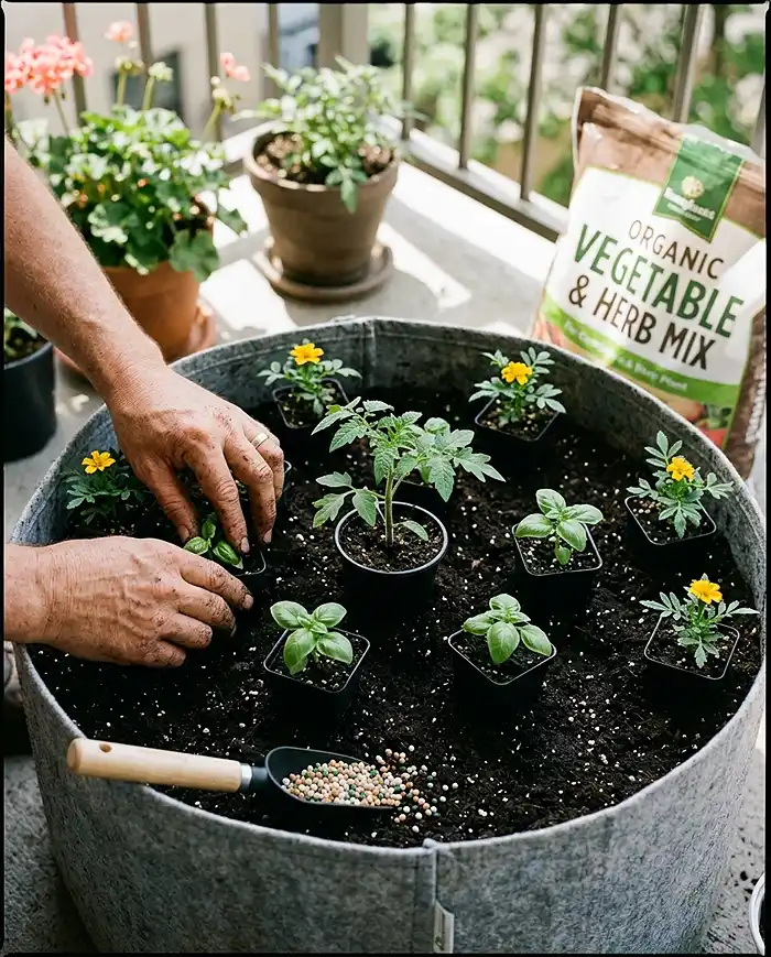 Hands positioning tomato, basil and marigold seedlings in nursery pots on fresh soil to plan spacing before planting