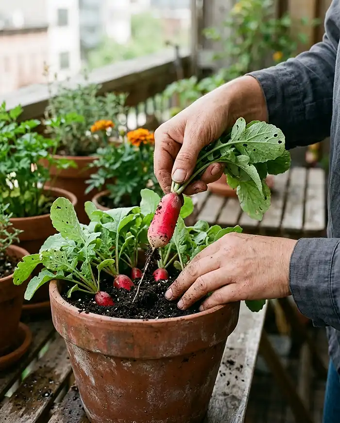 Hands pulling a freshly grown French Breakfast radish from a shallow pot of dark soil on a balcony