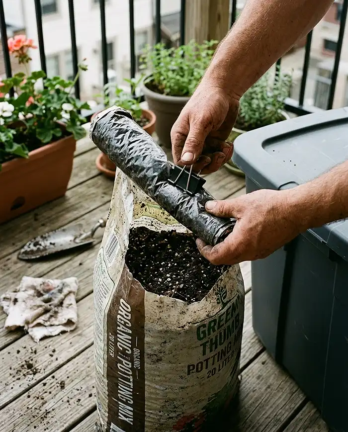 Hands rolling and clipping an open potting mix bag before sealing it in a weatherproof bin to keep out moisture