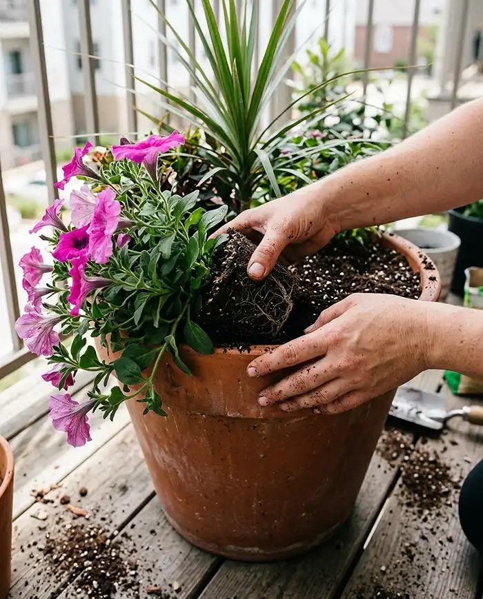 Hands setting a petunia root ball angled outward at a pot rim