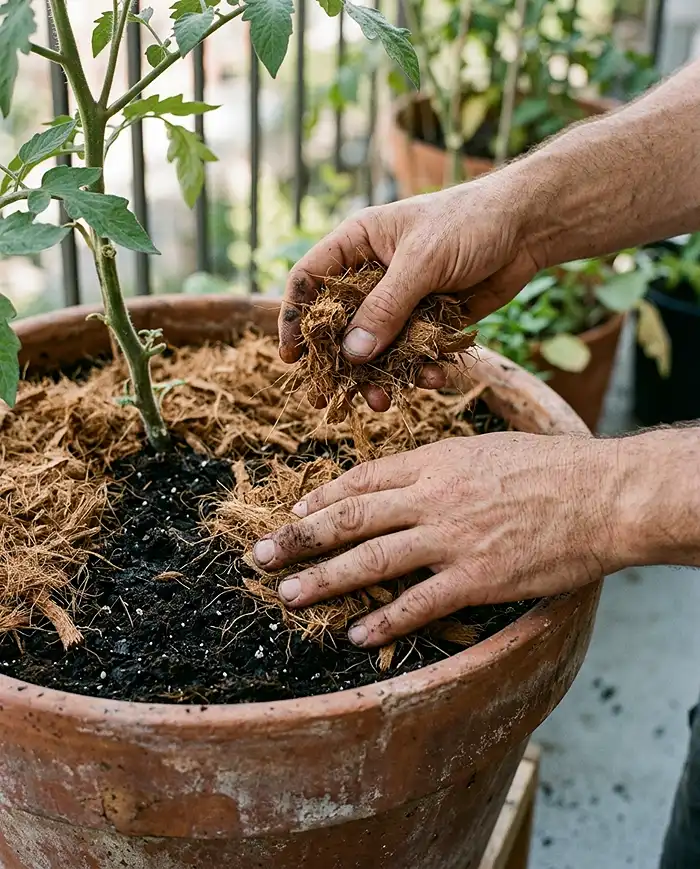 Hands spreading a layer of coconut coir mulch over the soil of a tomato pot to slow moisture loss