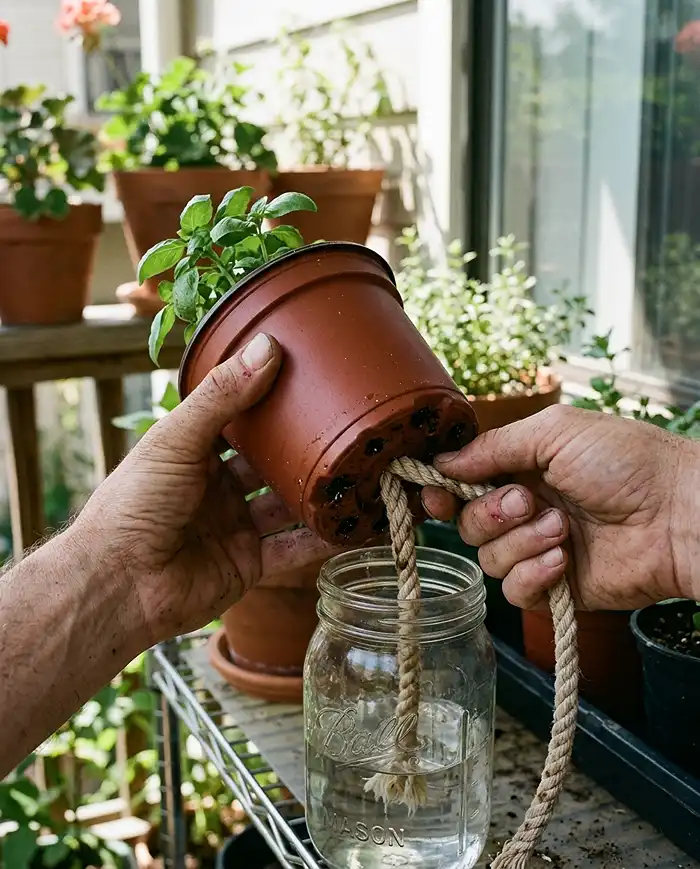 Hands threading a cotton rope through a pot's drainage hole into a mason jar of water below a basil plant