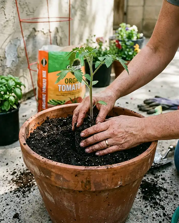 Hands transplanting a young tomato seedling into a large terracotta pot beside a cage and bag of potting mix