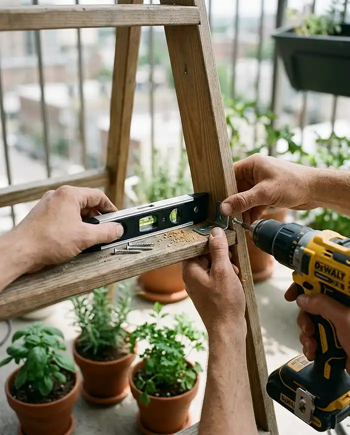 Hands using a level and L-bracket to attach a shelf to a ladder frame, with a drill and herb pots waiting nearby