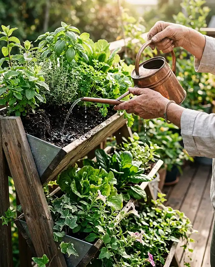 Hands watering the top tier of a planter stand slowly with a narrow-spout watering can.