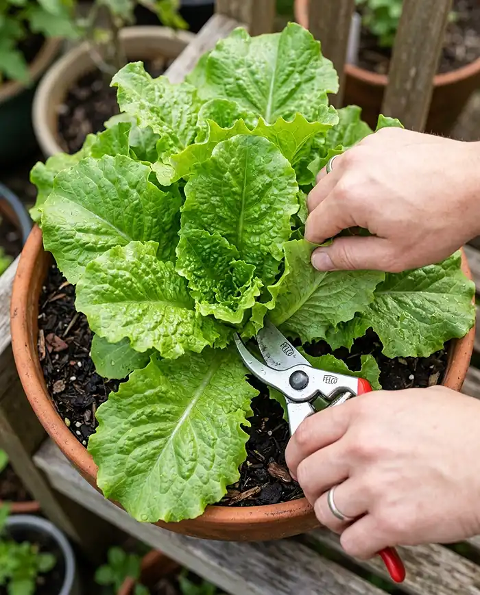 Container Salad Garden for Continuous Harvests 5 Harvesting outer lettuce leaves with scissors using the cut-and-come-again technique in a container salad garden