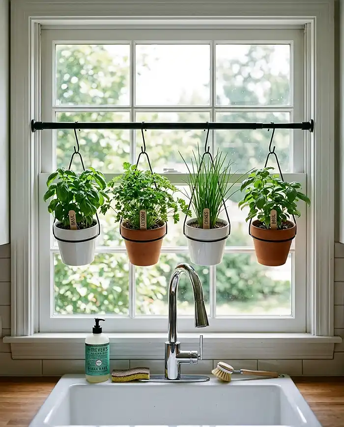 Hanging Herb Garden Ideas for Kitchens 3 Herb garden ideas using a tension rod and S-hooks over a kitchen sink window