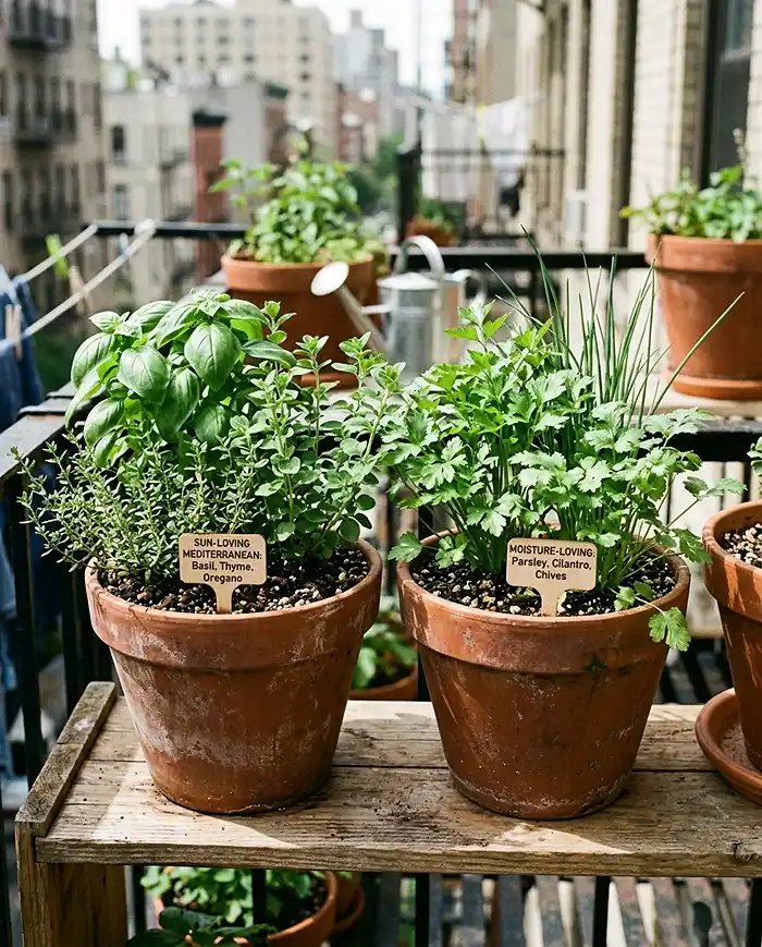 8 Container Garden Plan for Balcony 4 Herbs grouped by water needs in separate containers in a balcony container garden plan