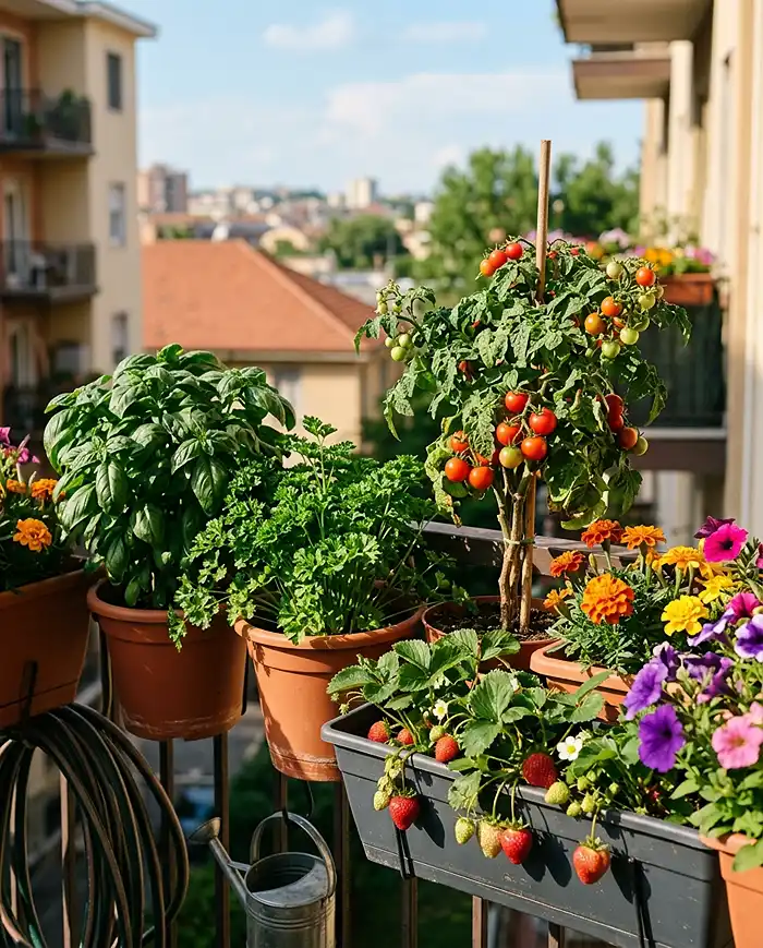 Small Balcony Garden Ideas With a Bistro Table 4 Herbs, strawberries, and cherry tomatoes growing successfully in balcony containers