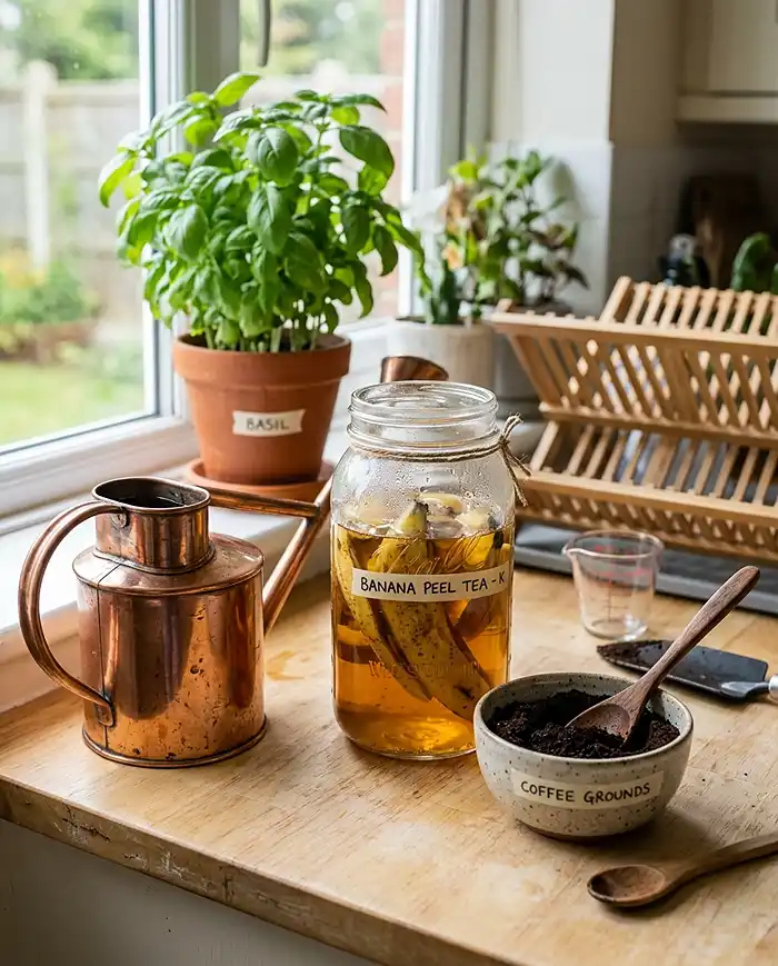 Budget Ideas for Small Space Garden 4 Homemade banana peel fertiliser soaking in water next to a watering can and coffee grounds