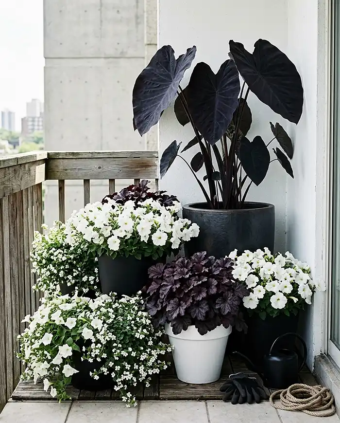Black and White Balcony Garden Ideas 4 Layering tall, mid-height, and trailing plants for a full black and white balcony display