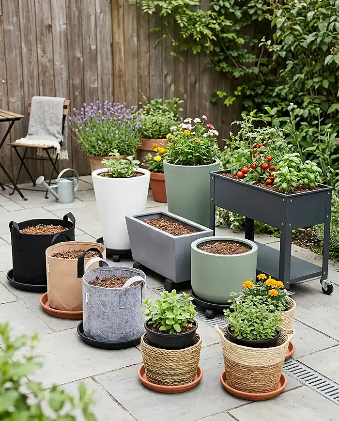 Lightweight containers and grow bags for a small patio garden ideas for renters setup