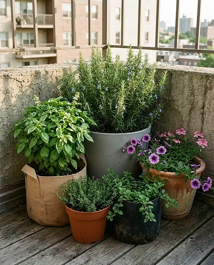 Lightweight pots grouped together in a cluster to reduce wind exposure on a balcony