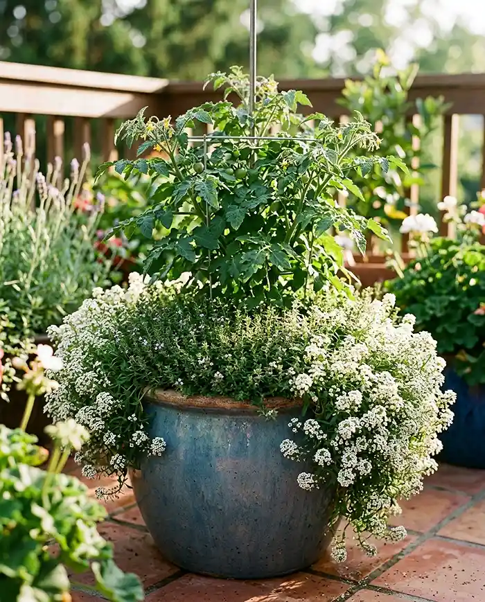Best Mulch for Pots in Hot Weather 4 Living mulch of creeping thyme and sweet alyssum shading the soil in a container