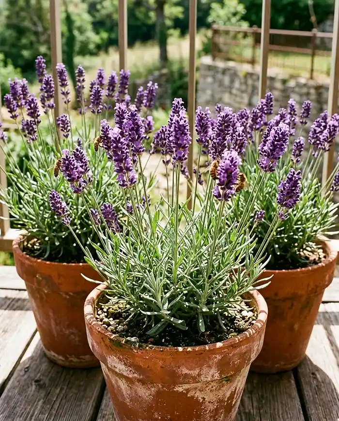 Low Maintenance Balcony Plants for Busy Gardeners 2 Low maintenance balcony plants like lavender blooming in terracotta pots on a sunny south-facing balcony.