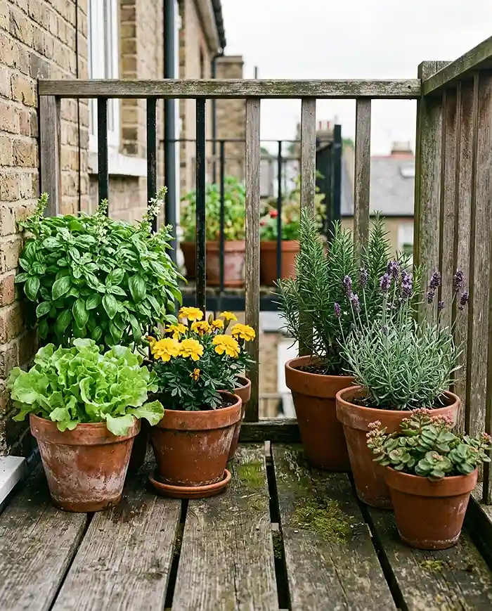 Low maintenance small space gardening routine showing pots grouped into thirsty and drought-tolerant watering zones