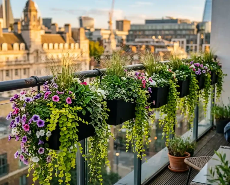 Lush black railing planters with trailing flowers on a stylish balcony at golden hour