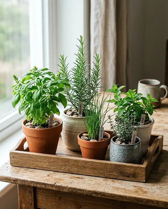 Apartment Herb Garden Aesthetic for Summer 4 Matching terracotta and ceramic pots arranged stylishly for a cohesive herb garden display.