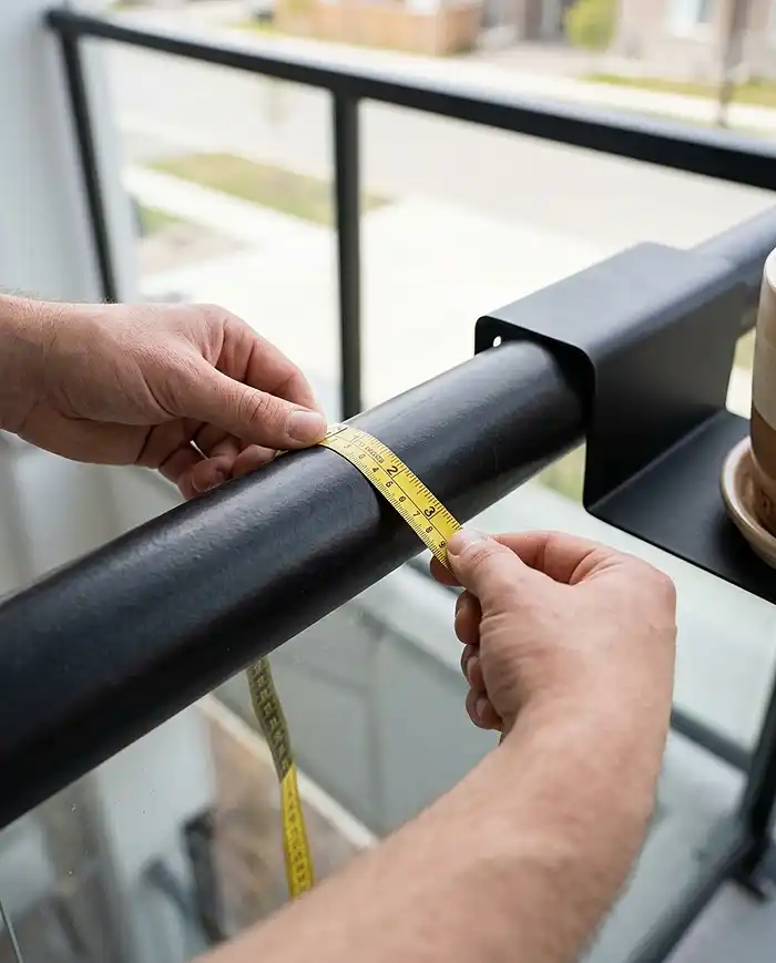 Balcony Railing Planter Ideas 2 Measuring a round balcony railing with a tape measure before fitting a planter bracket