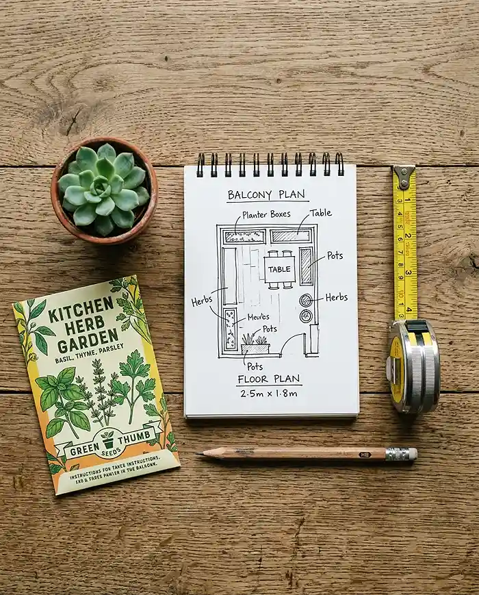 Balcony Garden Ideas for Apartments 2 Measuring tape and notepad used to plan a small apartment balcony garden layout before planting