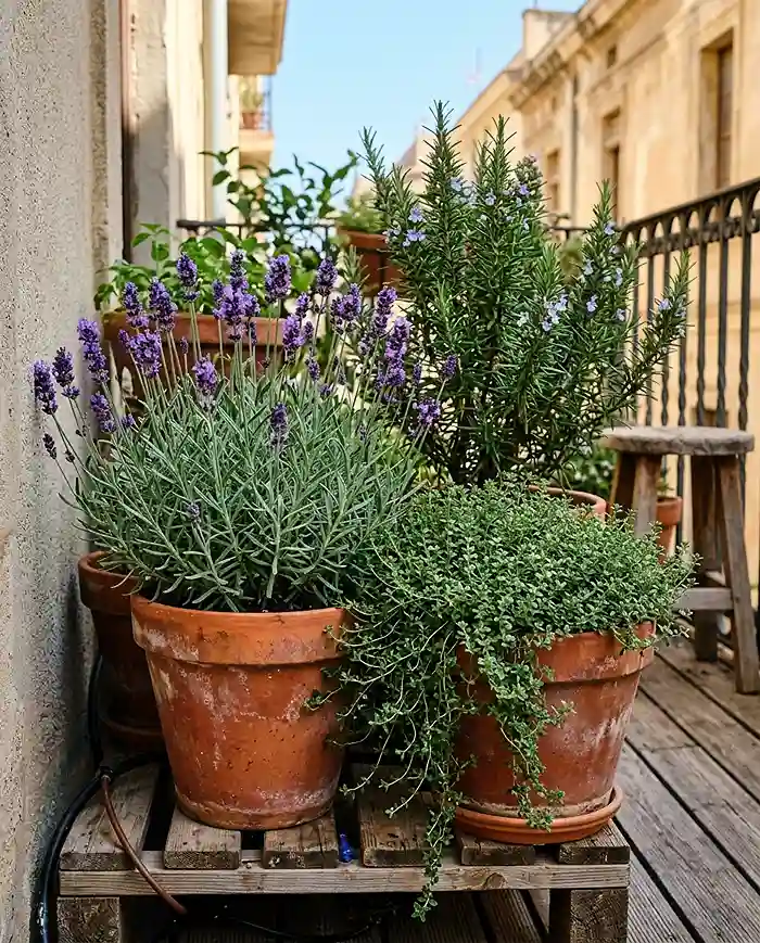 Mediterranean balcony garden ideas with lavender, thyme, and rosemary in terracotta pots