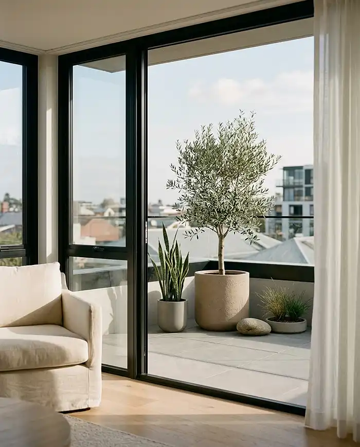 Minimalist balcony garden design with intentional space, focal olive tree, and calm indoor-outdoor flow