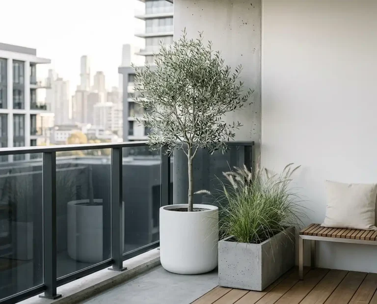 Minimalist balcony garden with olive tree and concrete planters on modern apartment terrace